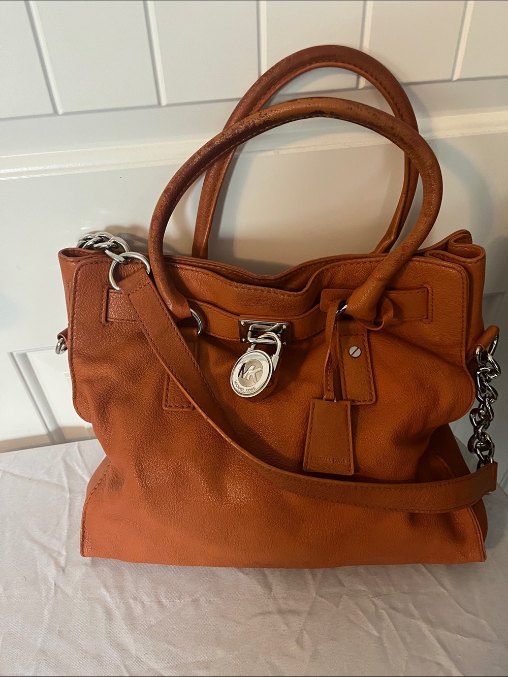 Michael Kors Burnt Orange Leather Tote with Chain-Accent Strap